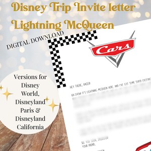 Carta-convite de Relâmpago McQueen - CARS - Revelação da viagem | Disney World, Disneyland Paris, versão Disneyland Califórnia | Download digital