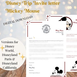 Carta de invitación de Mickey Mouse para su viaje a Disney - Descarga digital - Versiones para Disney World, Disneyland París y Disneyland California