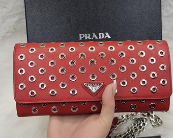 Prada Grommet Embellished Saffiano Leather Wallet on Chain (WOC)
