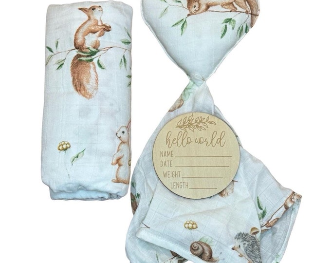 Swaddle Blanket & Lovey Set with crib card in  Enchanted Forest Print, super soft bamboo fabric, Perfect Baby Shower Gift or for photoshoot