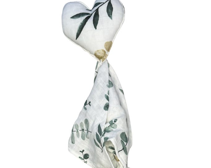 Baby Lovey in Eucalyptus Print, super soft bamboo fabric, heart shape