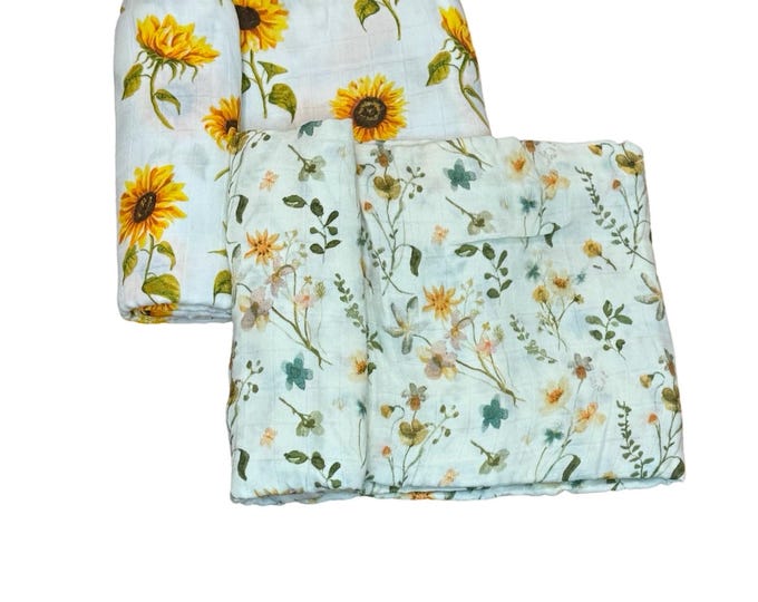 Infant Swaddle Set in Gram's Garden & Sunflower Patterns, super soft bamboo blankets, perfect baby/shower gift or infant for photoshoot