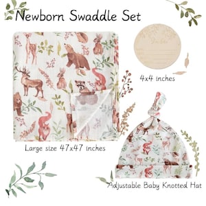 Neugeborenen Swaddle Set mit passender Schleife & Hut Set im Waldtiermuster, super weich, perfektes Duschgeschenk oder für Säuglingsfotoshooting