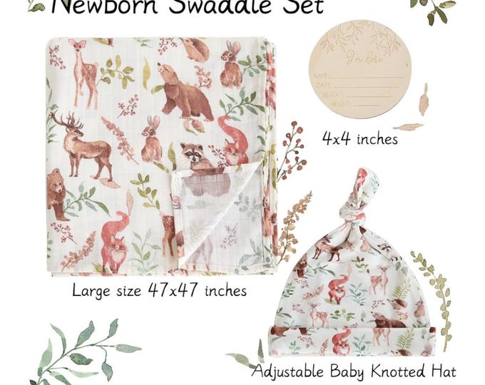 Newborn Swaddle Set with Matching Bow & Hat Set in Woodland Animal Pattern, super soft, perfect shower gift or for infant photoshoot