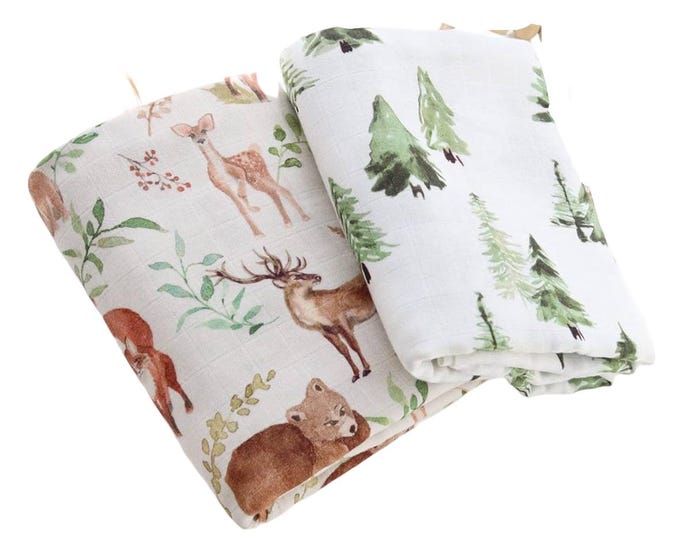 Infant Swaddle Set in Evergreen & Woodland Animal patterns, super soft bamboo blanket, perfect for photoshoot or shower gift