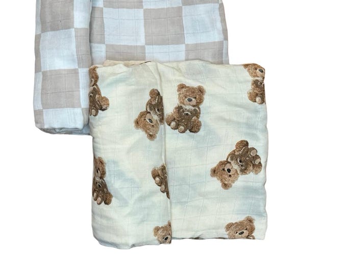 Teddy Bear & Dusty Checkered Pattern Swaddle Blanket Set