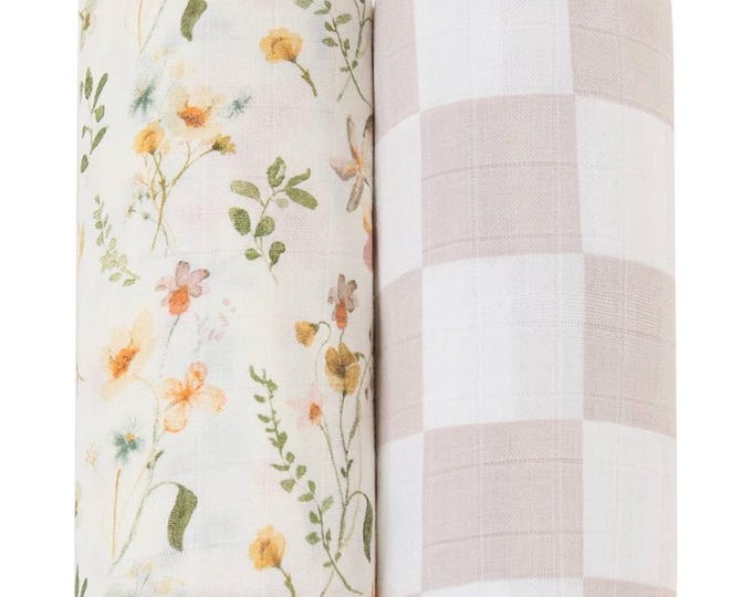 Swaddle Blanket Set in Gram's Garden & Dusty Checkers, super soft bamboo fabric, perfect baby shower gift, infant photoshoot