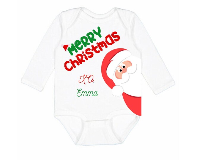 Personalized Christmas Onesie with Santa  ( long or short sleeve available, same price)
