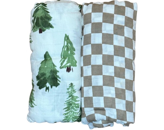 Infant Swaddle Set in Evergreen and Coffee Checkered patterns, super soft bamboo blanket, perfect for photoshoot or shower gift