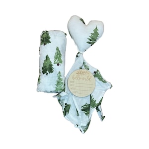 Couverture à emmailloter et ensemble Lovey avec carte pour lit de bébé à imprimé feuilles persistantes, tissu en bambou super doux, cadeau parfait pour une baby shower ou pour une séance photo de bébé