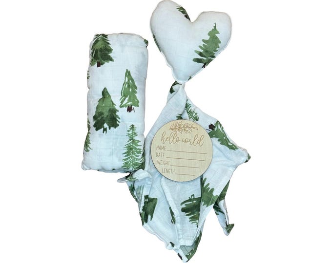 Swaddle Blanket & Lovey Set with crib card in  Evergreen Print, super soft bamboo fabric, Perfect Baby Shower Gift or for infant photoshoot