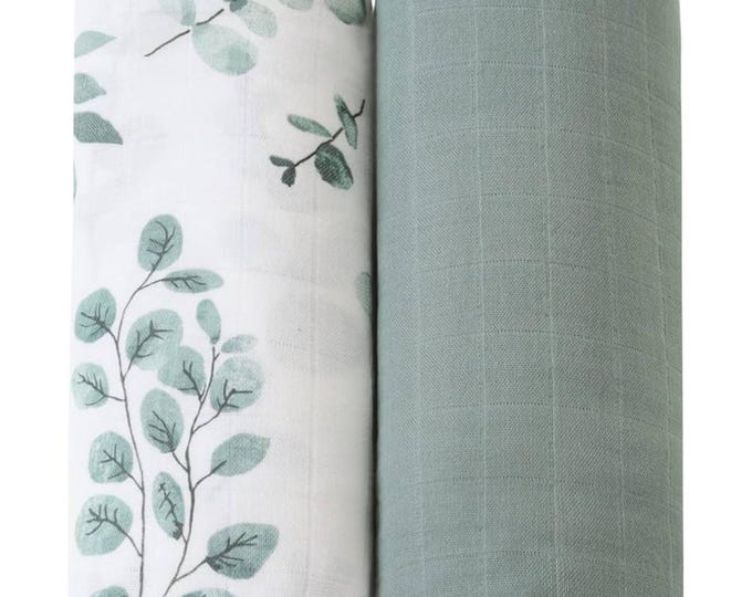 Infant Swaddle Set in Eucalyptus & Sage Green patterns, super soft bamboo blanket, perfect for photoshoot or shower gift