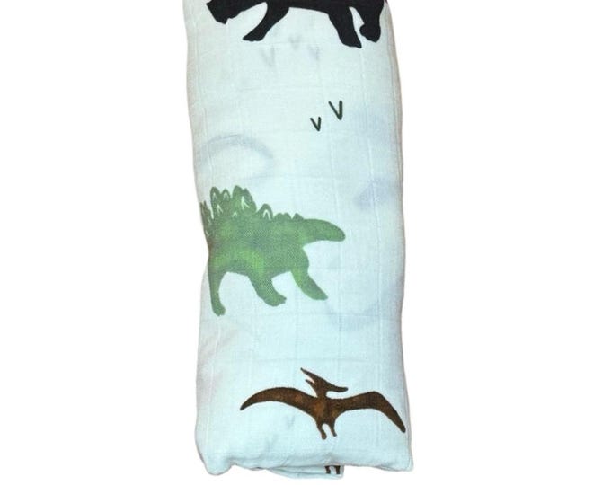 Swaddle Blanket in Bold Dinos Pattern, super soft bamboo material, perfect shower gift or for an infant photoshoot