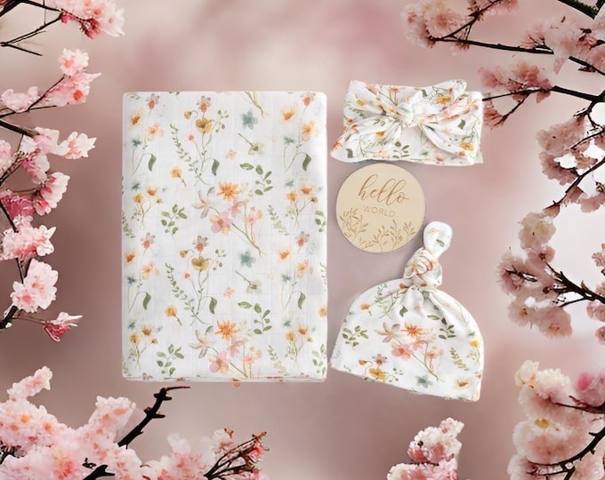 Newborn Swaddle Set with Matching Bow & Hat Set in Gram's Garden Pattern, super soft bamboo blanket, perfect for infant photoshoot