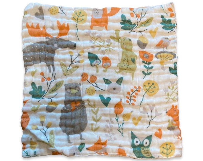 4 pack Wash/Burp Cloths in Woodland Animal Pattern, 10 x 10