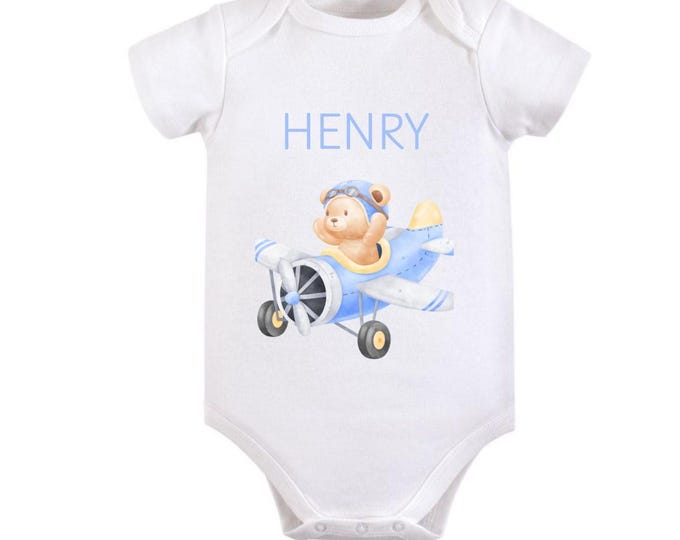 Personalized Onesie for Infant with Bear in Airplane and Baby's name