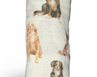 May include: A white pillow with a repeating pattern of brown and black dogs. The dogs are sitting and looking up.