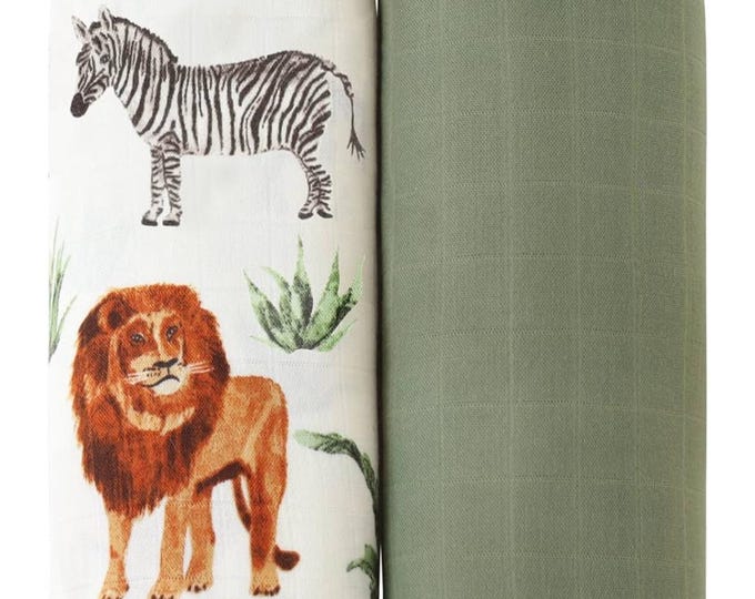 Infant Swaddle Set in Safari & Green Olive Patterns, super soft bamboo blankets, perfect baby/shower gift or infant for photoshoot