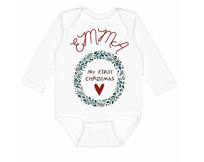 Personalized My First Christmas Onesie with Wreath  ( long or short sleeve available, same price)