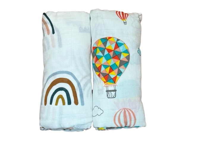 Infant Swaddle Set in Rainbow & Hot Air Balloon Pattern, Super soft bamboo fabric, for boy or girl, perfect baby shower gift or photoshoot