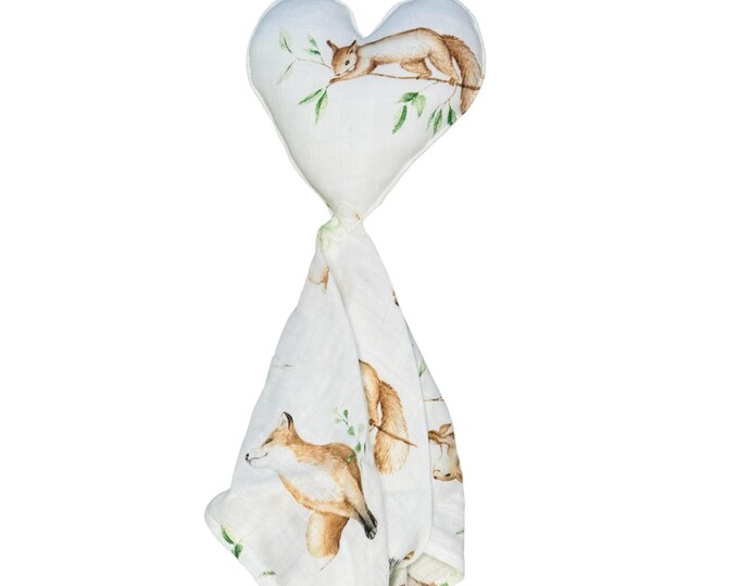 Baby Lovey in Enchanted Forest Print, super soft muslin, heart shape