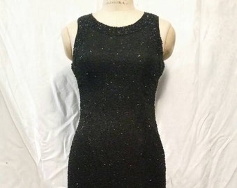 SALE! Stunning vintage beaded gown, Black silk and jet beads, Size 32 medium,  Laurence Kazar