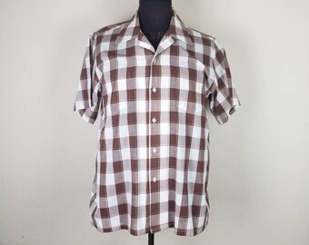 50s shirt, mens large, brown plaid, cotton poly, JC Penney