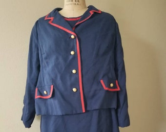 XL 60s suit, Lord & Taylor, flight attendant style, navy with red, 48x44x52