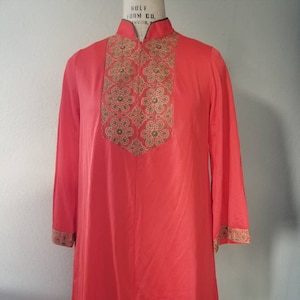 50s-60s vintage hostess top, dress, red holiday style small, nylon, asian styled, mandarin collar