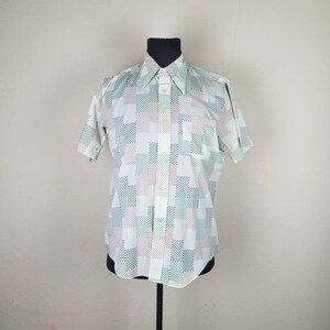 70s shirt, mens short sleeved, mint green polkadot, 46, medium