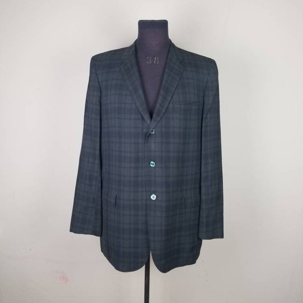 50s plaid sportcoat, mens blazer, navy green plaid coat, vintage jacket, 44L, 3 button