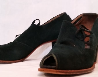 30s 40s peeptoe pumps, , green velvet, ladies shoes 8 1/2