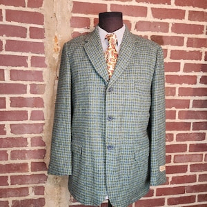 42L NEW vintage Harris Tweed sportcoat green blue houndstooth check, new with tags, deadstock, wool