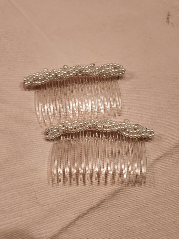 Pair vintage hair combs white clear pearl