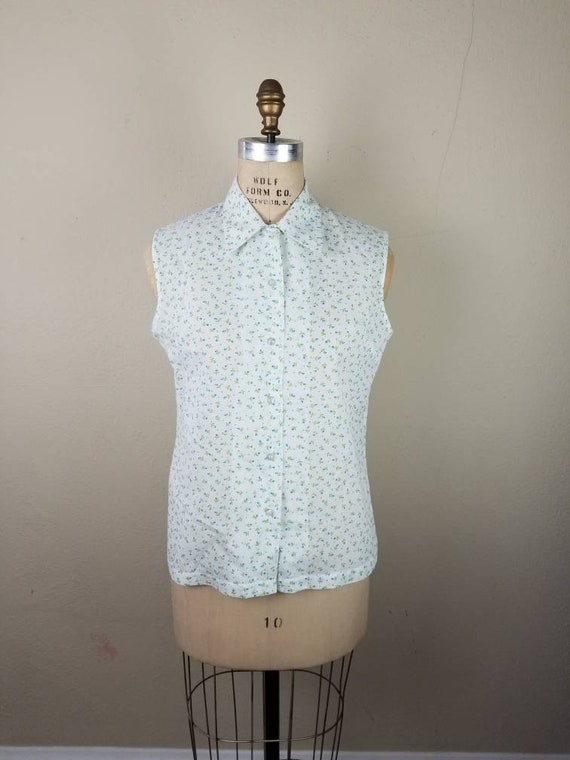 50s 60s sleeveless blouse, ladies, floral white, 3