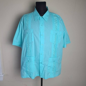 Guayabera shirt, vintage mens, aqua XL, resort wear, vacation shirt