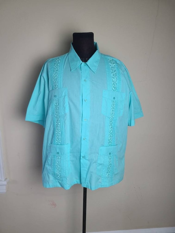 Guayabera shirt, vintage mens, aqua XL, resort we… - image 1