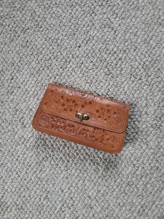 60s clutch, hand tooled leather, boho purse - image 1