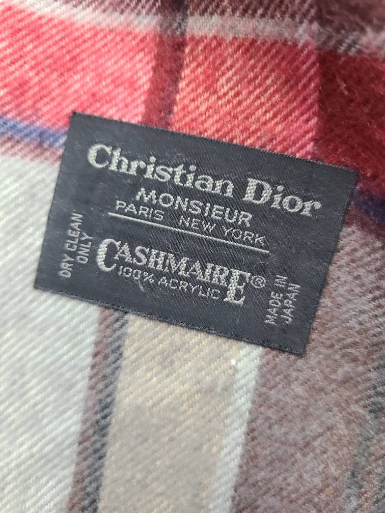 Vintage Christian Dior Scarf Grey Red Blue Plaid Cashmare 