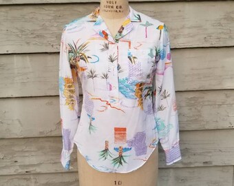 70s Tucci blouse, island, palm trees, 11 12