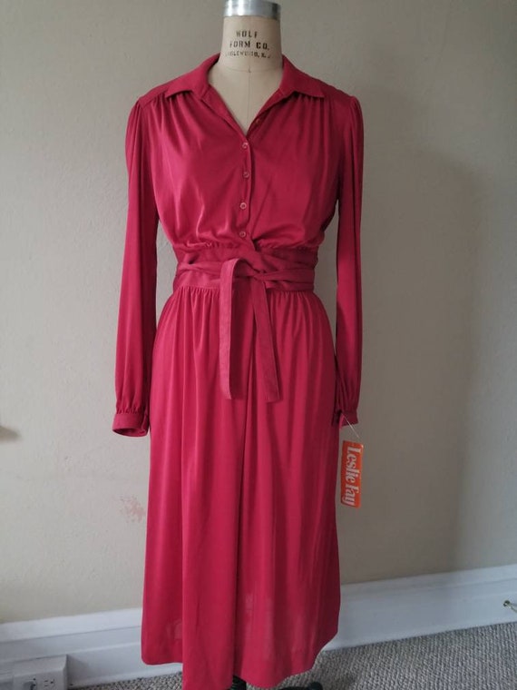 60s-70s cranberry red dress, NEW, NWT, Leslie Fay… - image 2