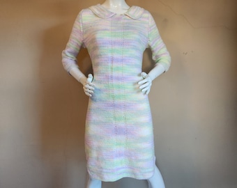 Sexy and warm 60s-70s dress, hand knit, light pastels, handmade, lime green, pink, lavender,  yellow and white, ooak
