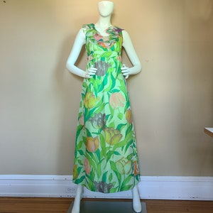 Groovy 60s floral maxi gown, green floral,  sleeveless
