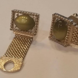 Vintage cufflinks and tie bar set, gold tone, green stone