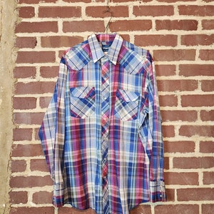 80s mens western style shirt, pearl snaps, Wrangler, 16x33, large, blue pink plaid, western style, cowboy shirt, thin cotton
