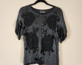 Sparkly vintage blouse, silk, beaded and sequins, black and silver, size large, 80s era