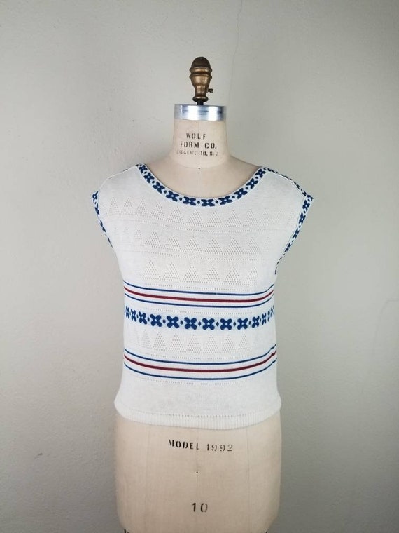 70s boho vest, knit top, 9/10, beige and blue