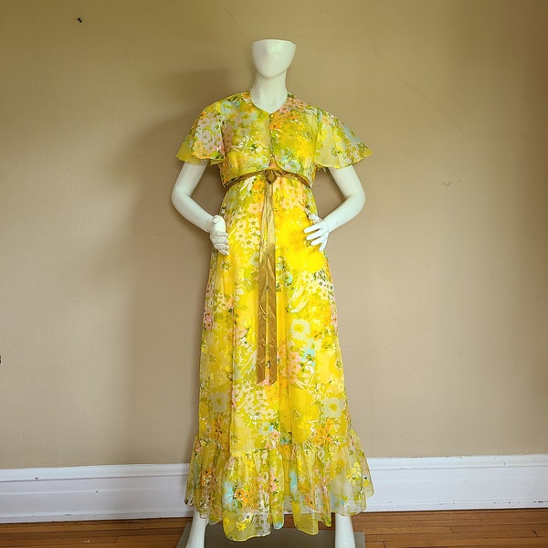 60s dress, floral maxi gown with bolero, sleeveless, yellow sheer, 36 bust, 2 piece