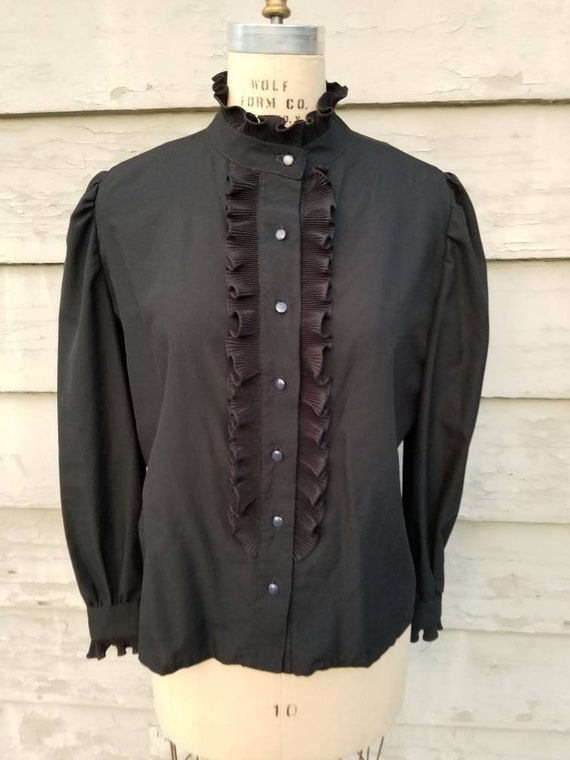 70s 80s black blouse, high necked, Victorian coll… - image 6