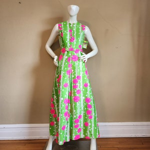 Amazing 60s floral maxi gown, bright green and hot pink floral, sleeveless, Gregg Draddy, handmade, 35b 26w